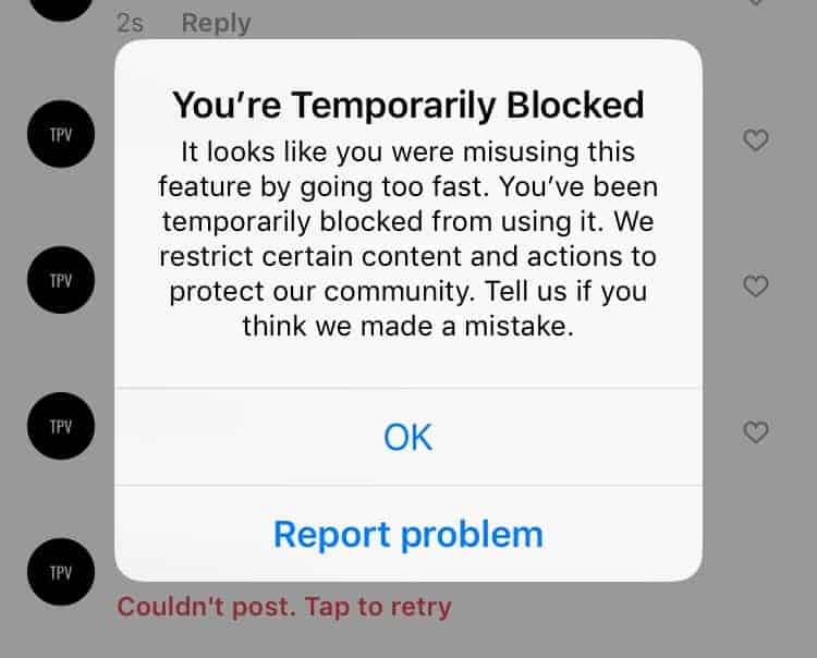 Screenshot saying you are temporarily blocked on Instagram