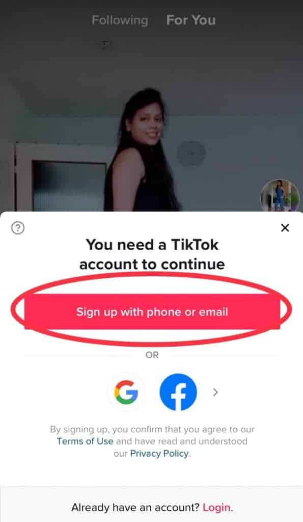 TikTok's sign up page