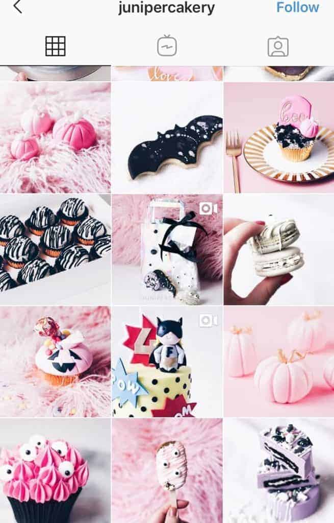 A screenshot of an Instagram feed with pretty desserts. The photos are mainly pink, purple black and white