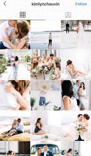 A screenshot of an Instagram feed from a wedding photographer that features white and bright photos