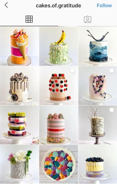 A screenshot of an Instagram feed that takes pictures of cakes