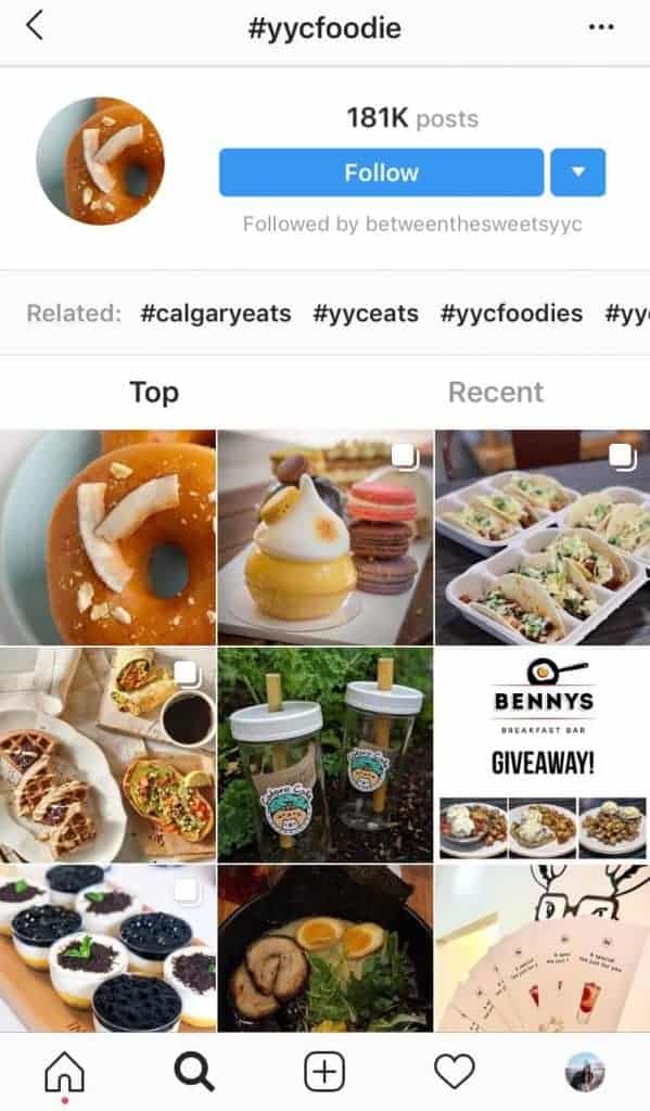 The hashtags search page on Instagram for #yycfoodie