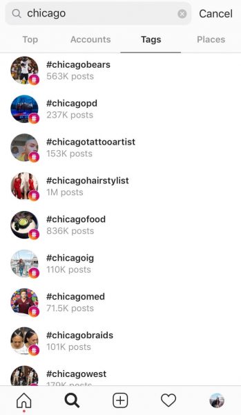The tags tab on Instagram with lists of hashtags