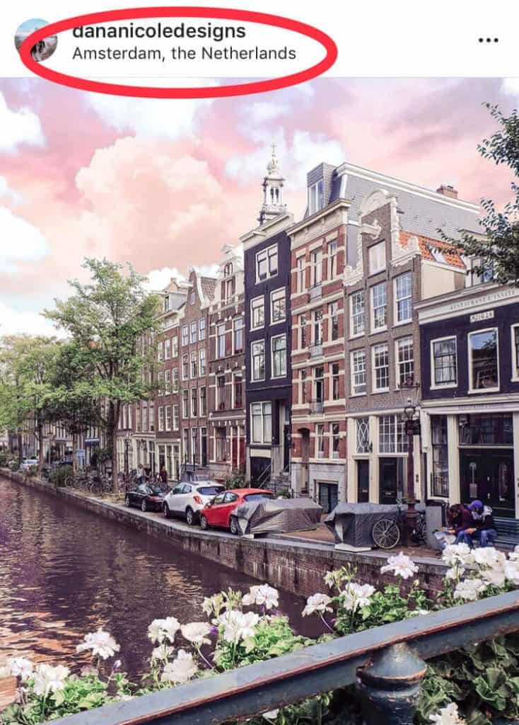 A screenshot of an Instagram post of Amsterdam canals with the location circled