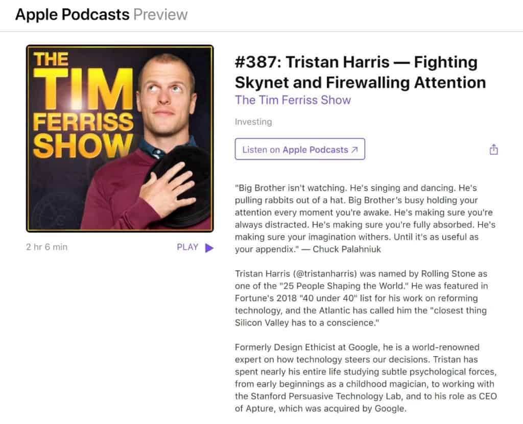 Screenshot of THe Tim Ferris Show podcast