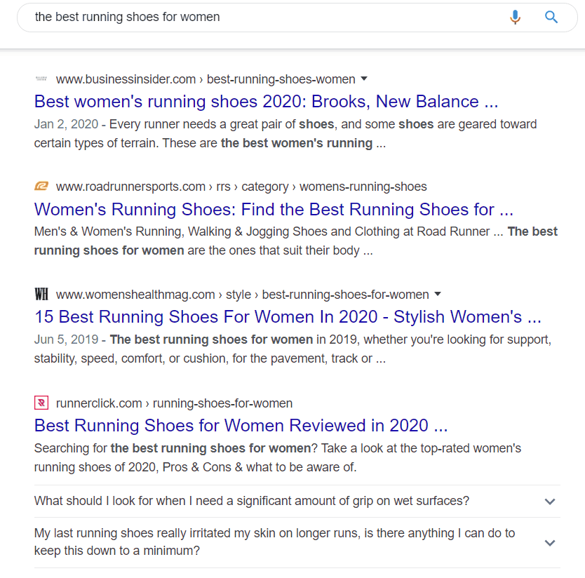 A screenshot of the search results for the search "the best running shoes for women" in Google