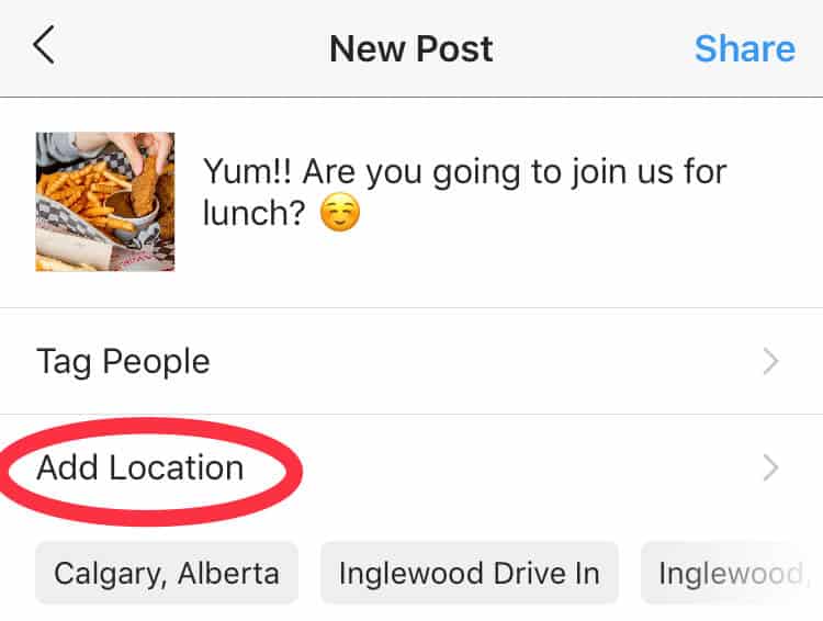 Screenshot of adding a post to Instagram with "add location" circled