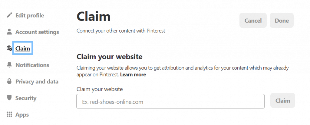 Screenshot showing where to claim your website on Pinterest