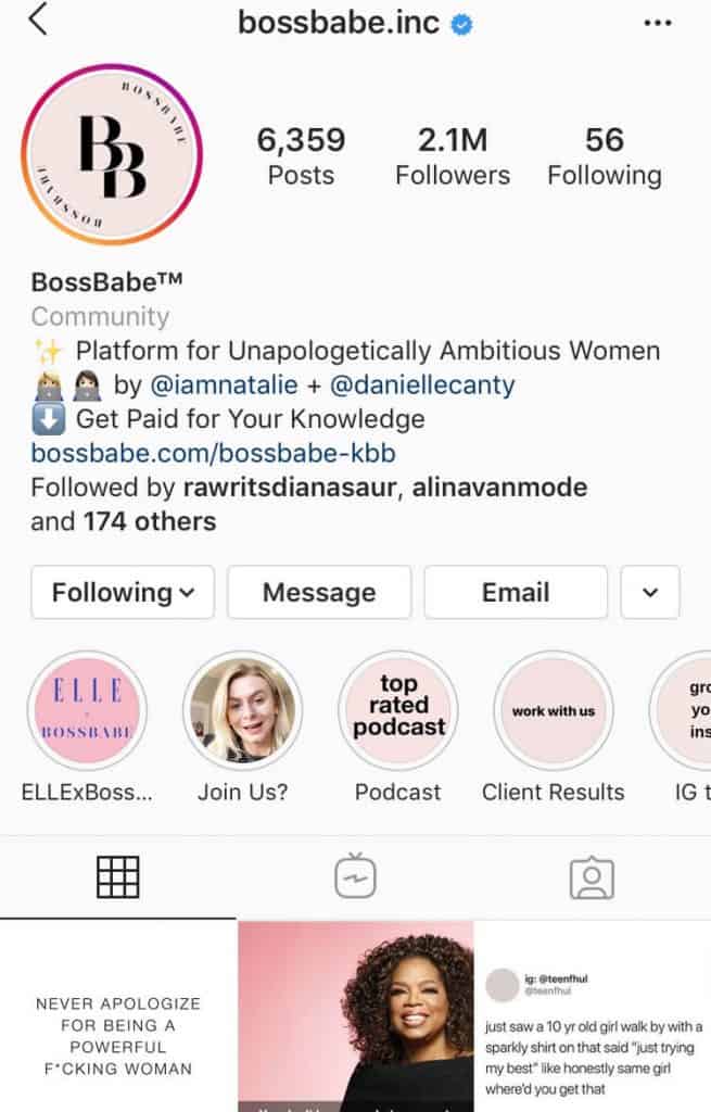 A screenshot of Bossbabe.inc's instagram account