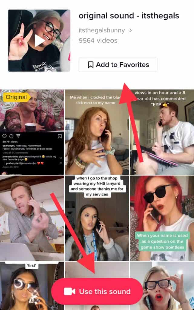 A screeshot of TikTok's search page with arrows pointing to the "Add to Favorites" and "Use this sound"
