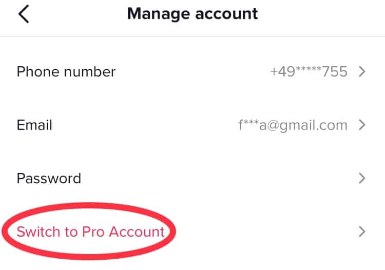 A screenshot of TikTok with "switch to pro account" circled