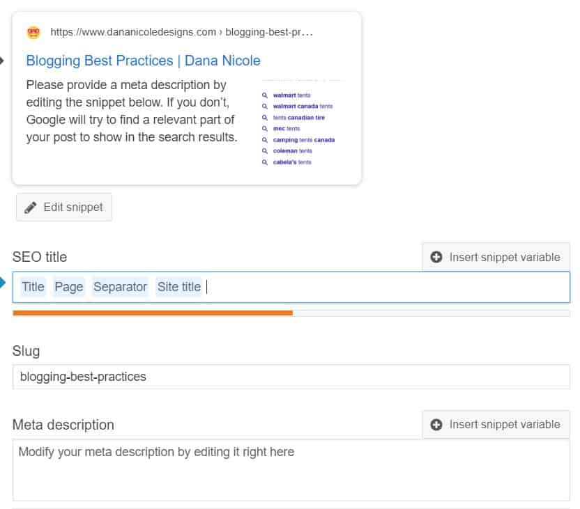 Screenshot of the YOAST plugin in WordPress showing where to edit meta title and description