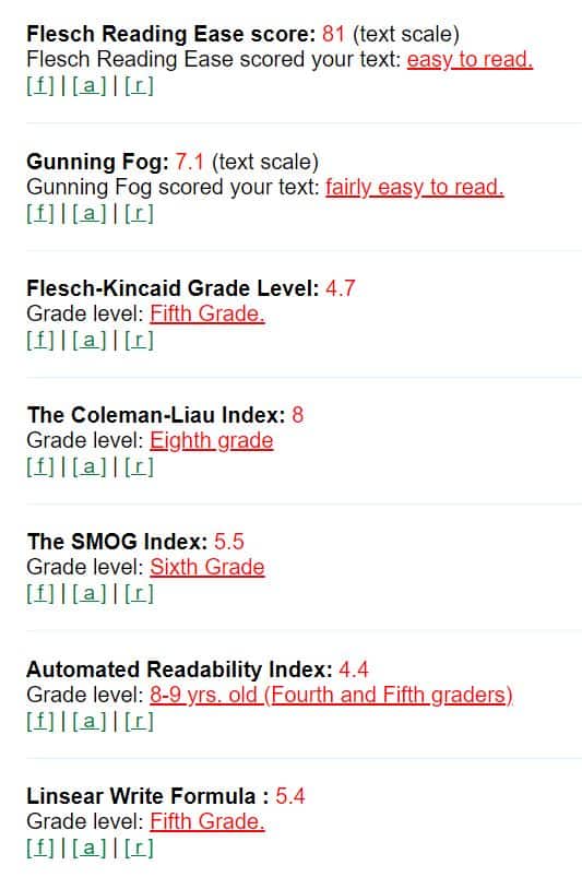 Screenshot of different scores for a readability test