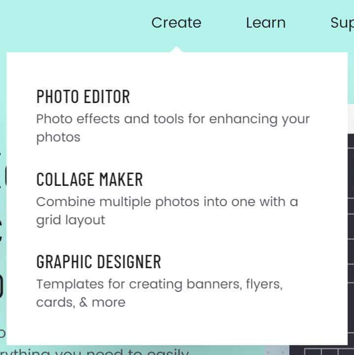 Screenshot of dropdown menu for BeFunky: Photo editor, collage maker and Graphic designer