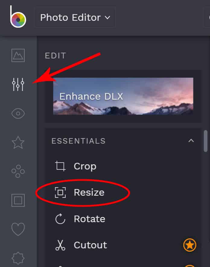 Screenshot of photo editing software with the resize option circled