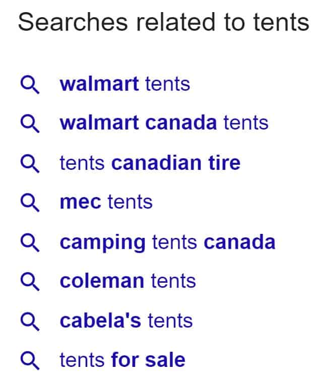 Screenshot of related searches for the query "tents" in Google