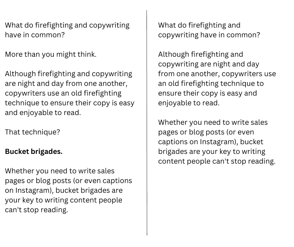 Two comparisons of text. On the left it shows the introduction of this blog post with bucket brigades included. on the right, no bucket brigades. The one on the left is much easier to read.