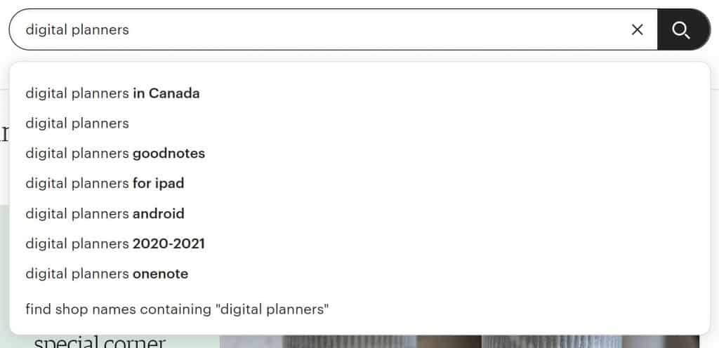 Screenshot of search in Etsy for "digital planners"