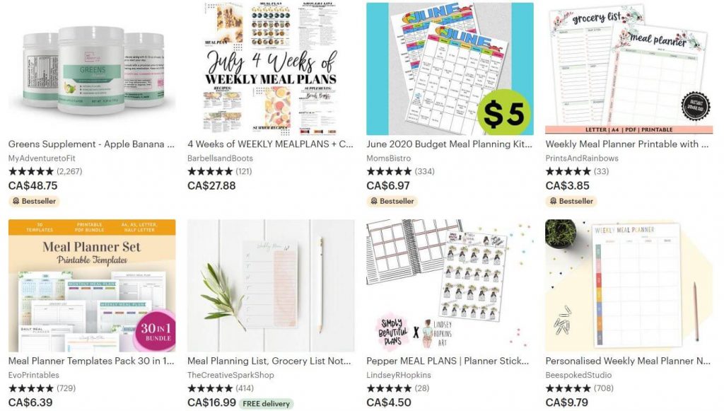 Screenshot of meal plans for sale on Etsy