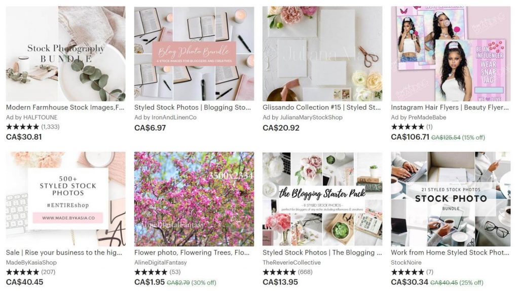 A screenshot of stock photo listings on Etsy