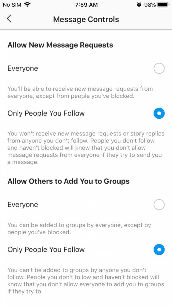 A screenshot of Instagram settings to turn off Direct Messages
