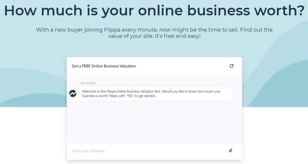 Screenshot of a chat bot with text above that reads: "How much is your online business worth?"