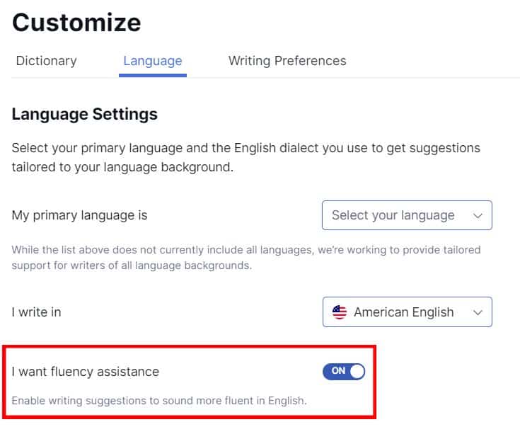 A screenshot of the fluency checker in grammarly.