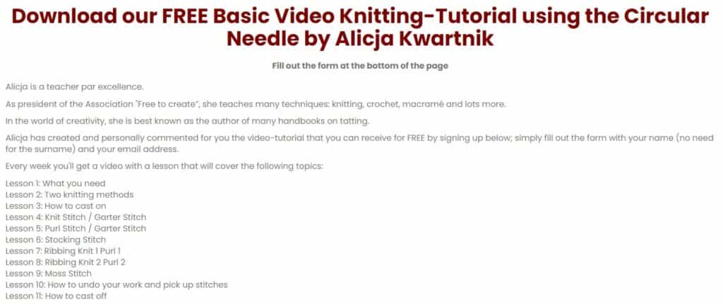 Screenshot of text for a knitting course.