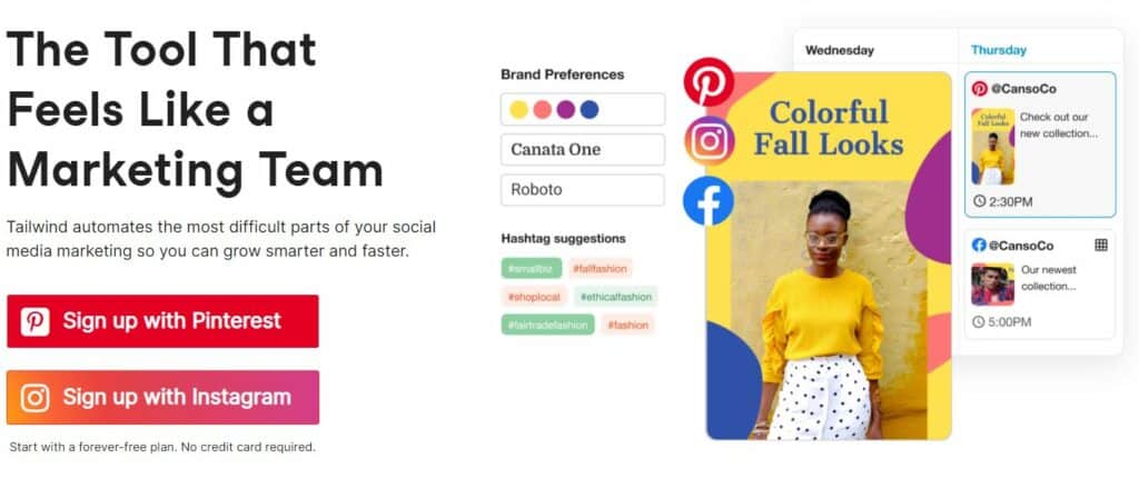 Screenshot of Tailwind's landing page with two buttons that say to sign up with Instagram or Sign up with Pinterest.