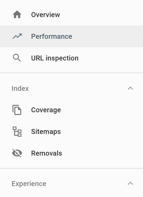 Screenshot of Google Search Console menu.