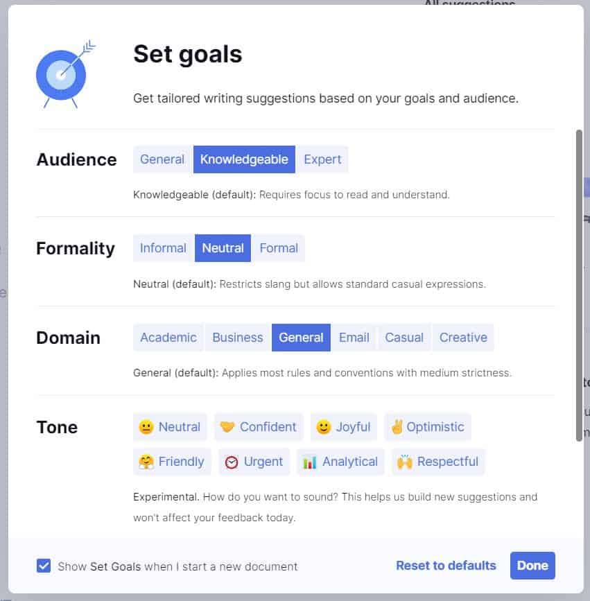 A screenshot of where you set your writing goals in Grammarly's software