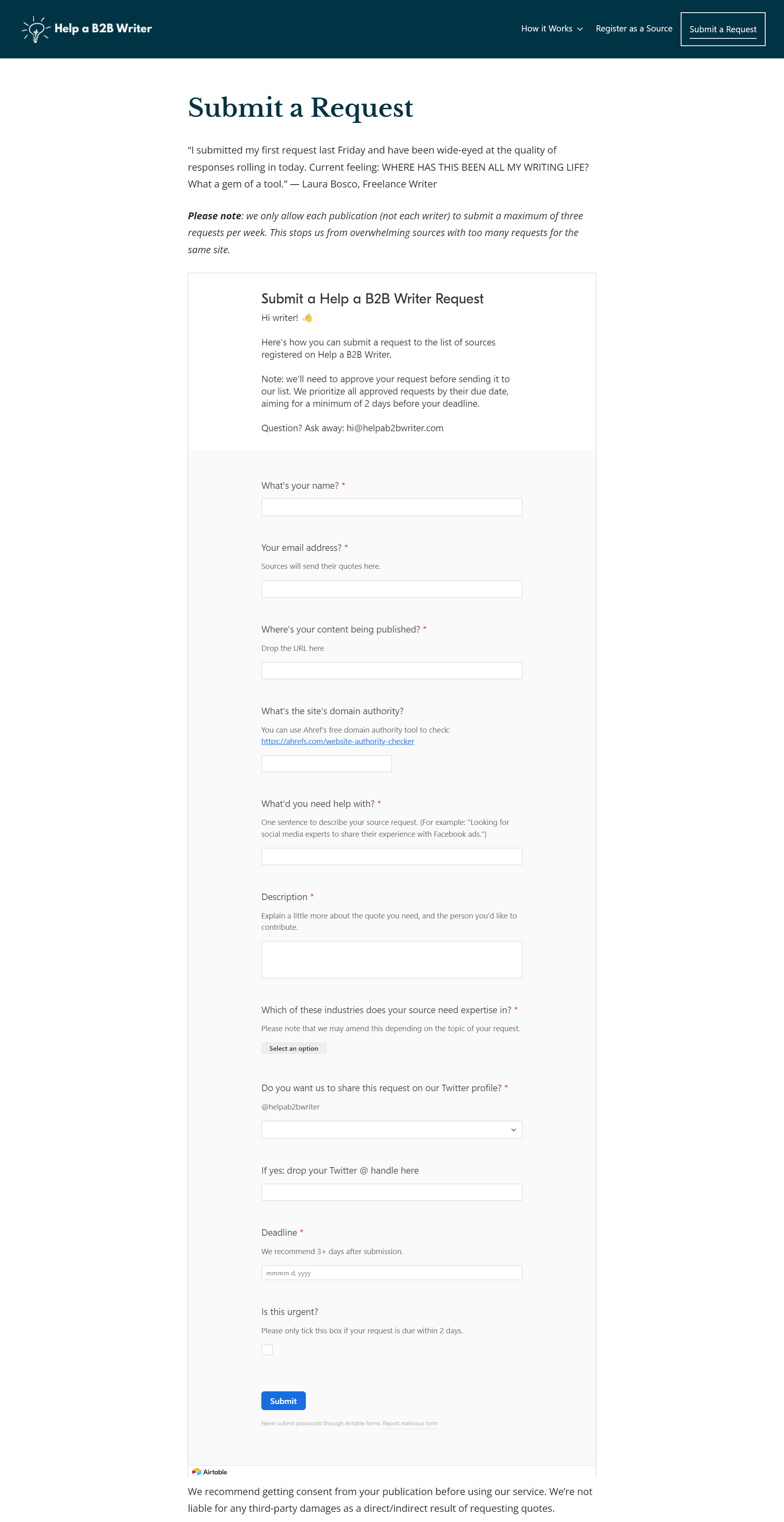 Screenshot of a form on Help a B2B Writer.