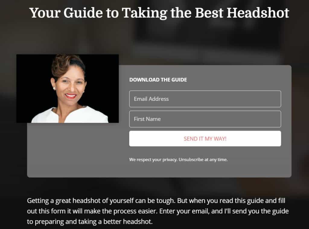 Screenshot of an email opt-in that says, "your guide to taking the best headshot".