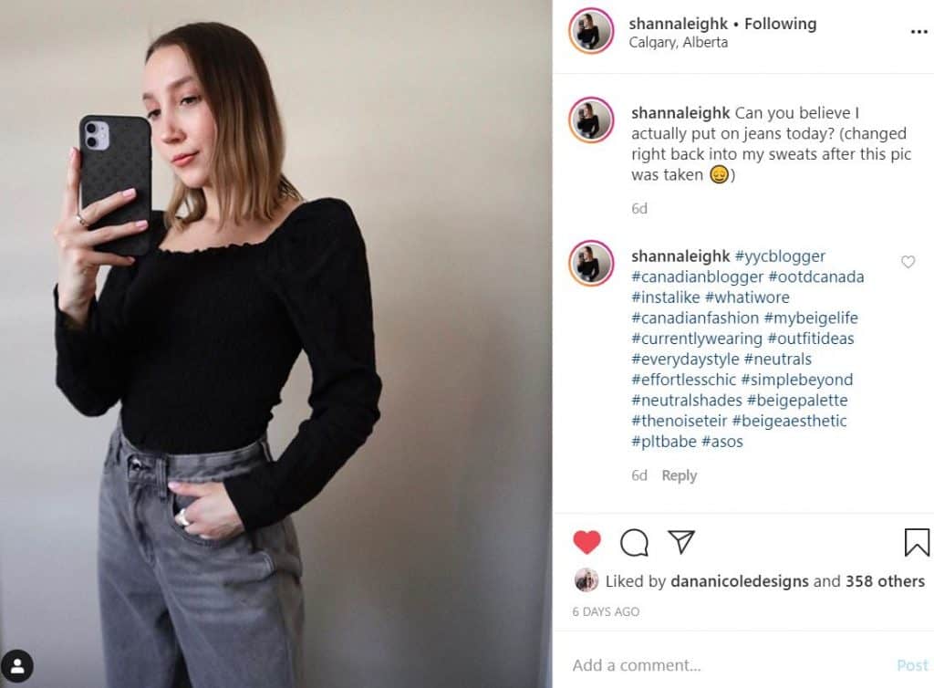 Instagram Screenshot of a girl taking a mirror selfie of herself