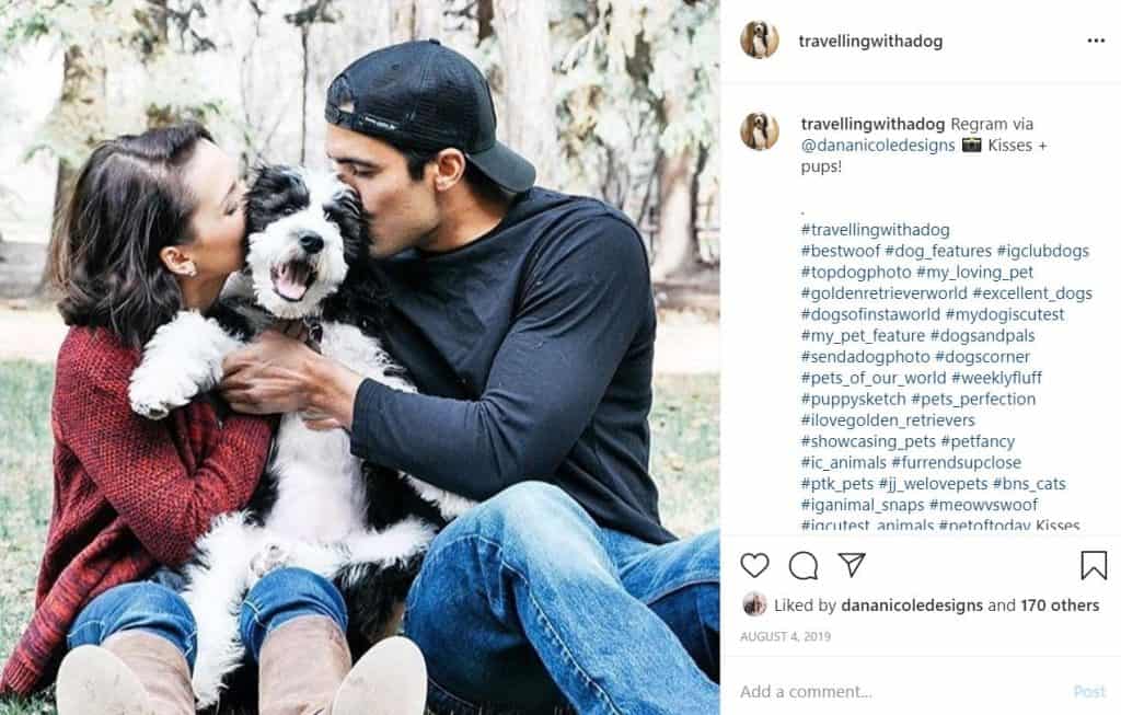 Screenshot of an Instagram photo of a man and a woman giving a kissing to their dog who is in between them