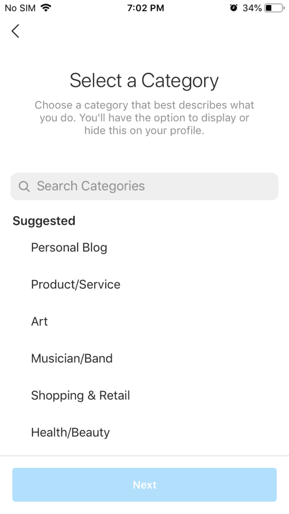 Categories for Instagram business accounts