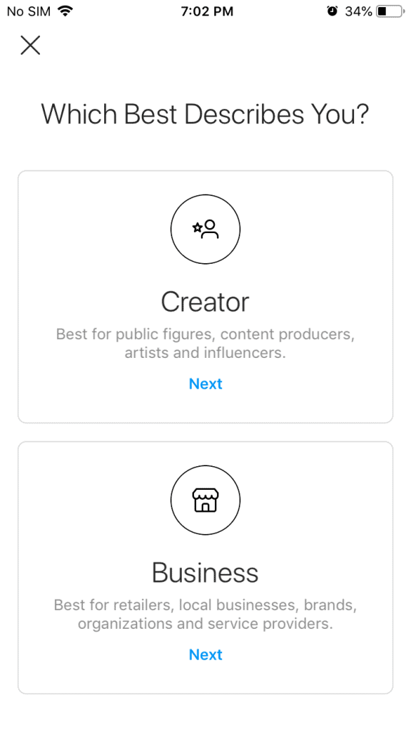 Screenshot of choosing between a creator account or a business account on Instagram