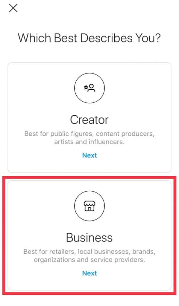 Screenshot of process to create an Instagram business account