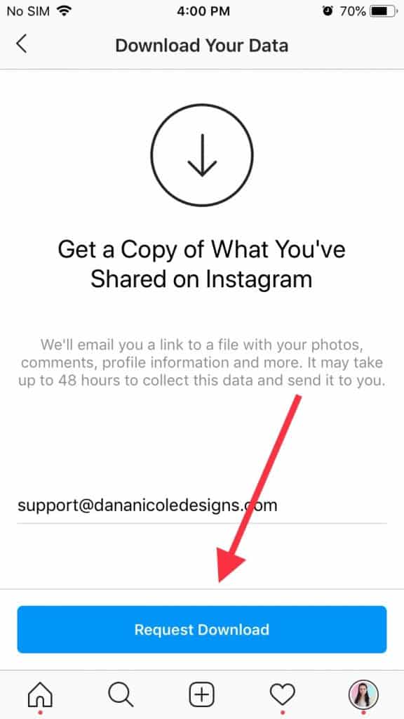 Instagram data download request screenshot