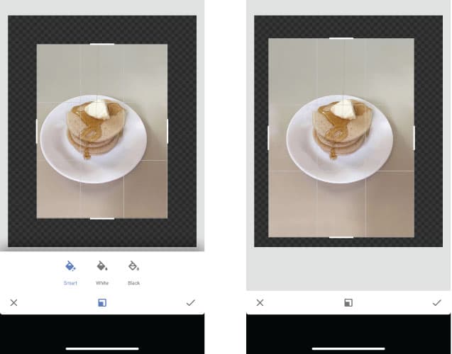 Screenshot of photo editing app showing the editing of a picture of pancakes
