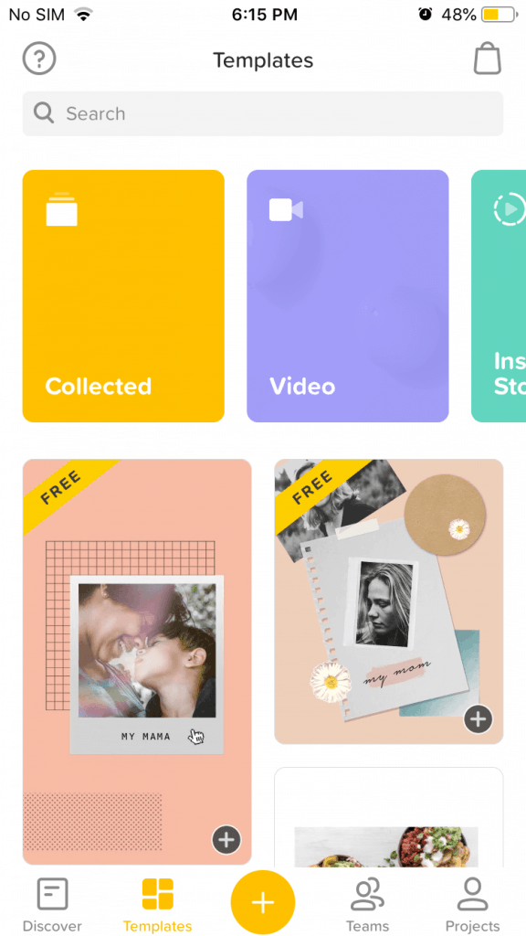 Screenshot of the templates offered on the app "Over" for your phone