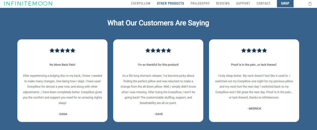 Reviews on a landing page.