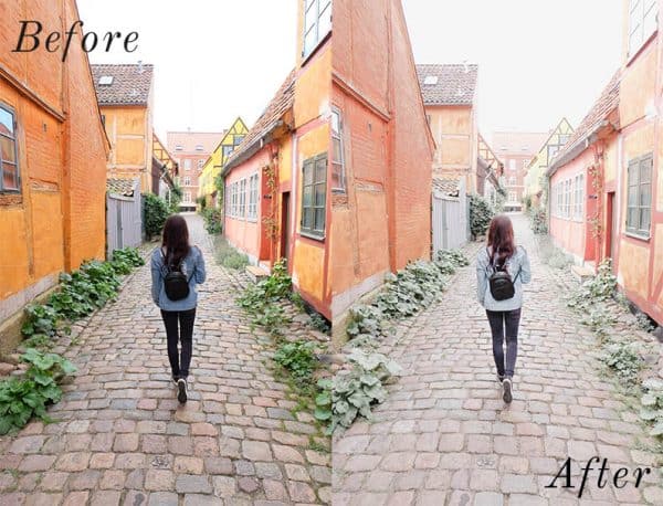 Before and after photo of girl and buildings using Lightroom mobile presets