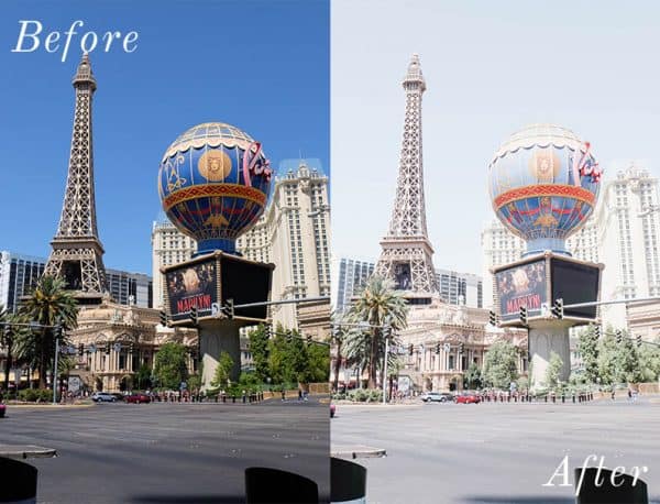 Before and after photo of Las Vegas Eiffel Tower using Lightroom mobile presets