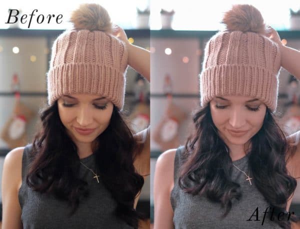 Before and after image of girl wearing a pink toque