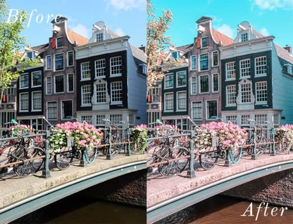 Before and after image of pretty buildings with flowers and bridge
