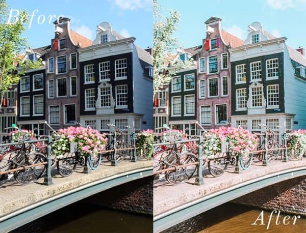 Before and after image of buildings with a bridge and flowers