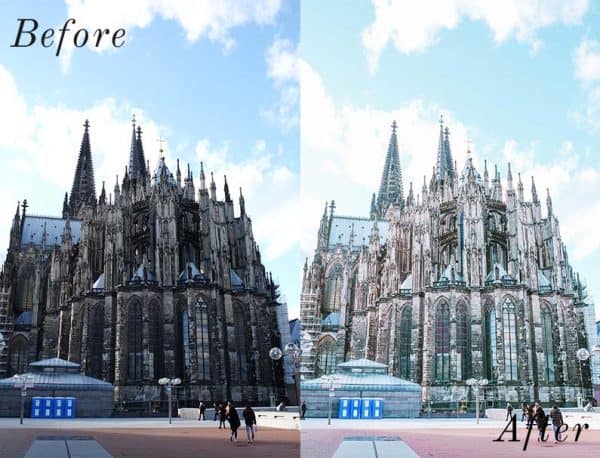 Before and after image of big German catherdral