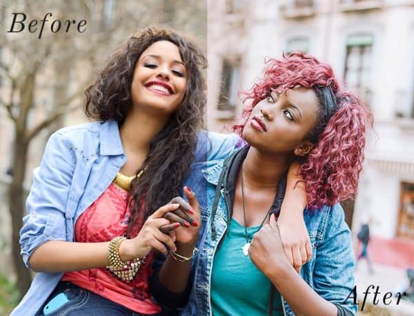 Before and after image of two women hugging