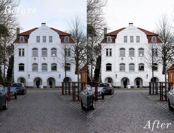before and after image of a white building